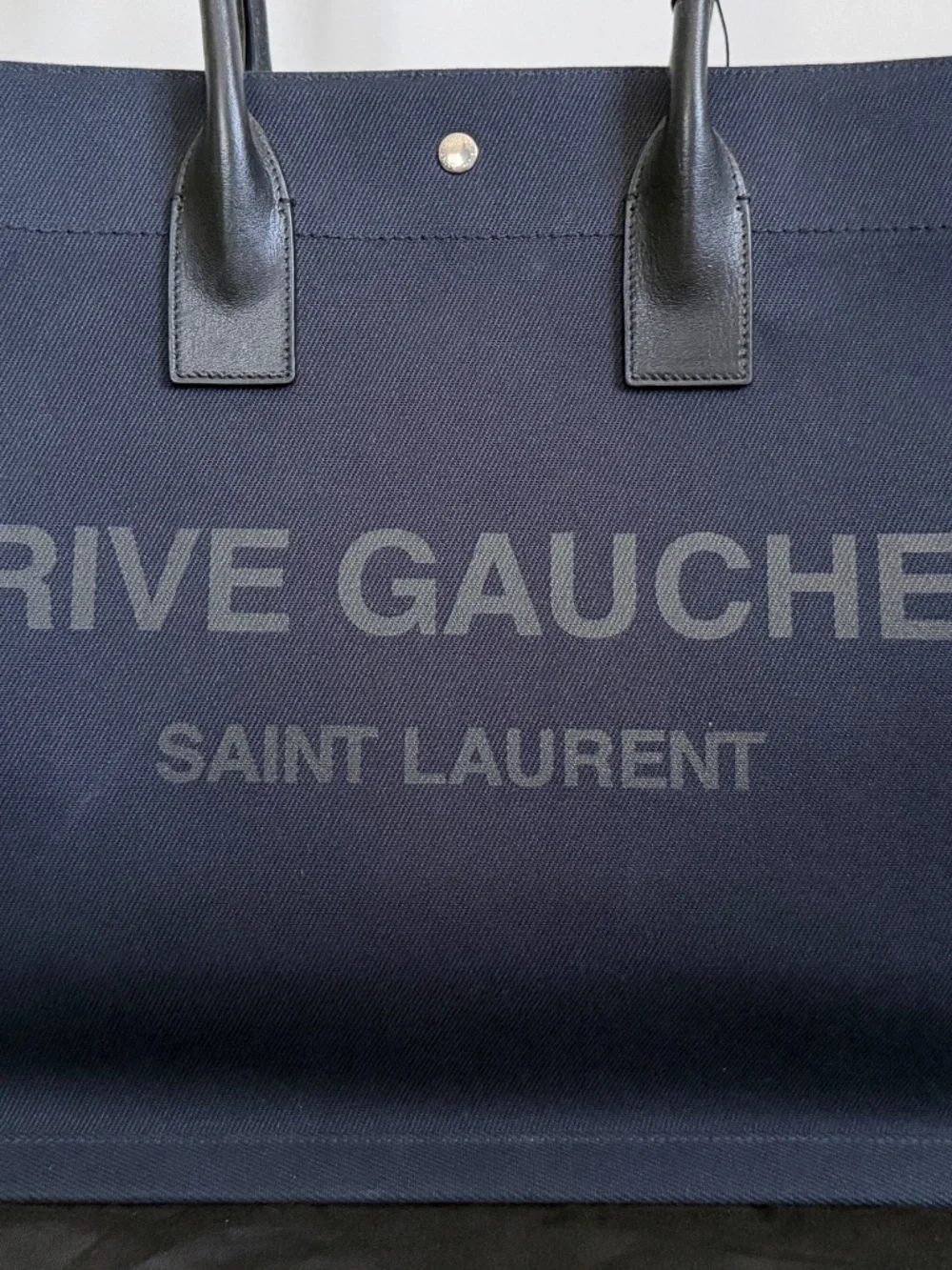 Saint Laurent YSL Rive Gauche Navy Black Canvas Logo Leather Tote Bag